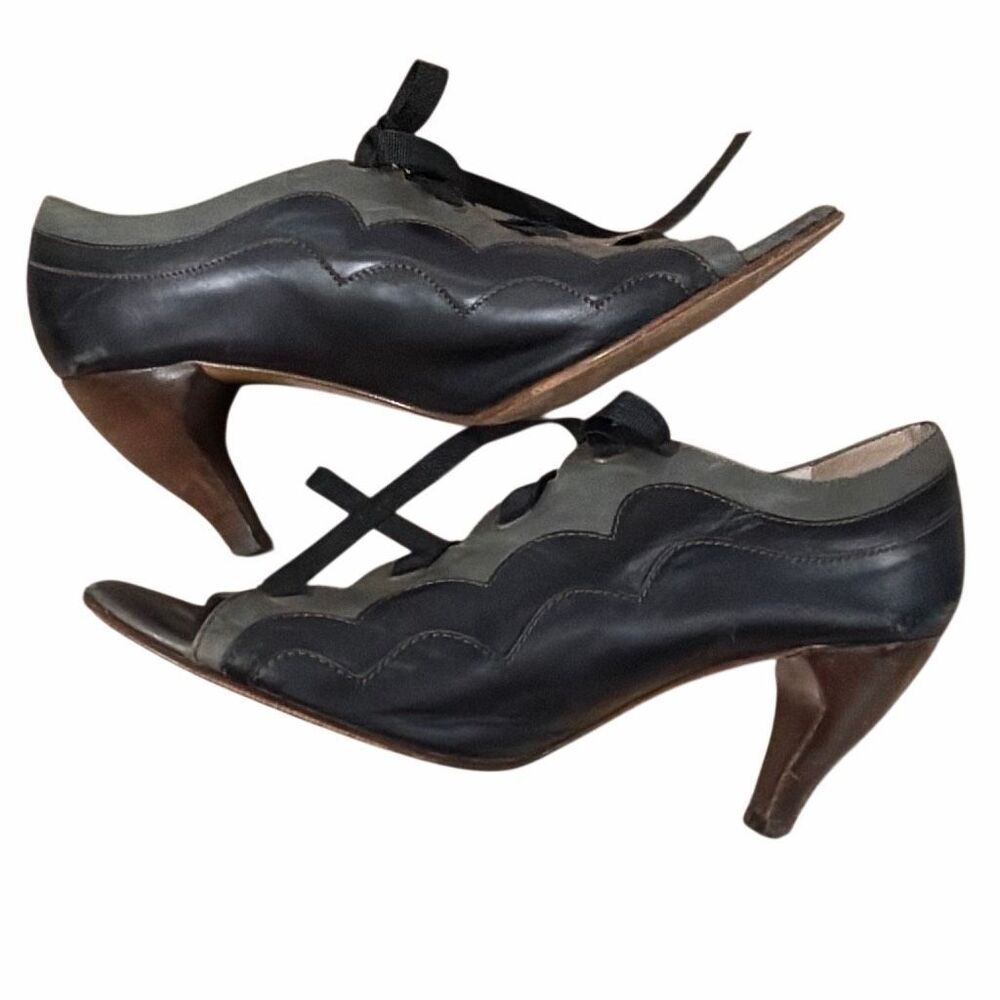 John Fluevog Teapot Yunnan Heels Black Olive Green Ribbon Lace Up Women’s 9.5 - Picture 15 of 16